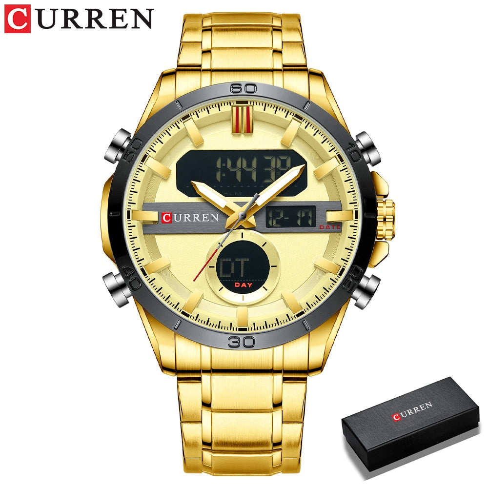 CURREN Fashion Sport Gold Men's Digital Watches with Stainless Steel Chronograph Luminou Wristwatch LED Male Wrist Watch For Men