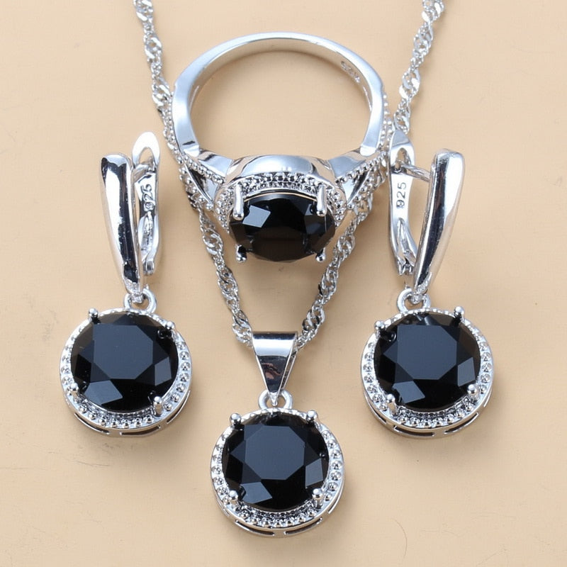 2022 Sell Well Wedding 925 Mark Jewelry Sets Black Zircon Dangle Earrings And Necklace Ring 3 Piece Set women Trendy Costume