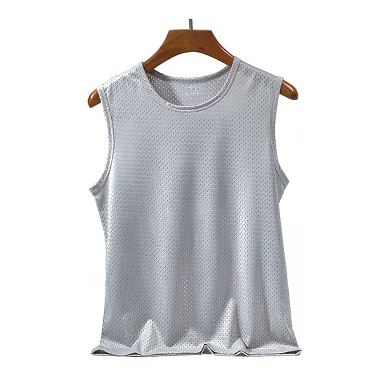 Men Tops Ice Silk Vest Outer Wear Quick-Drying Mesh Hole Breathable Sleeveless T Shirts 2021 Summer Cool Vest Beach Travel Tanks