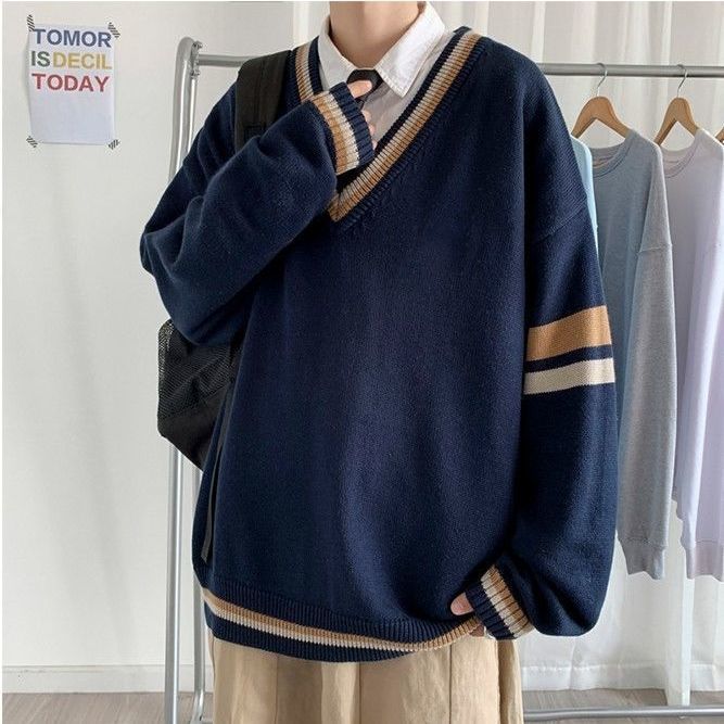 Japanese DK uniform men's V-neck knitted pullover sweater loose college style youth trend ins super hot bottoming sweater