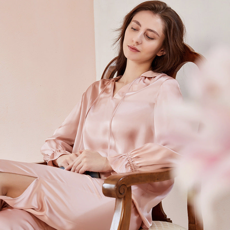 Fei Yong 2021 spring and summer long sleeve trousers silkworm two-piece set of silk pure color home service silk pajamas women