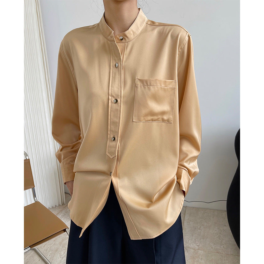 Spring and summer new French bloggee gas quality imitation acetic acid shirt round neck loose thin gloss sweeping jacket female thin