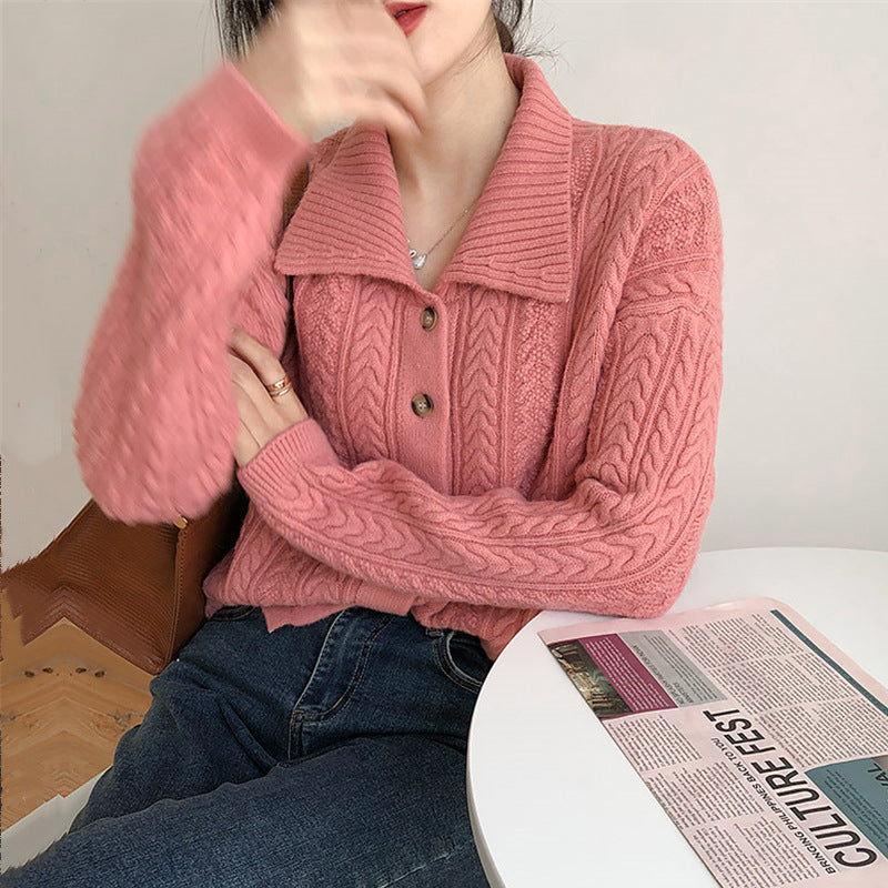 Japanese retro numbness lapel knit cardigan outside spring and autumn new solid color gentle sweater small outer casing women