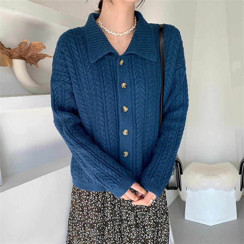 Japanese retro numbness lapel knit cardigan outside spring and autumn new solid color gentle sweater small outer casing women
