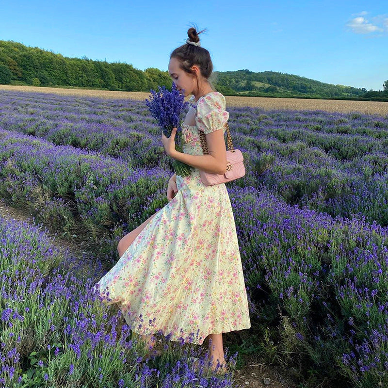 Summer Amazon's new long skirt print French small fresh floral open back slim suspender slit dress female