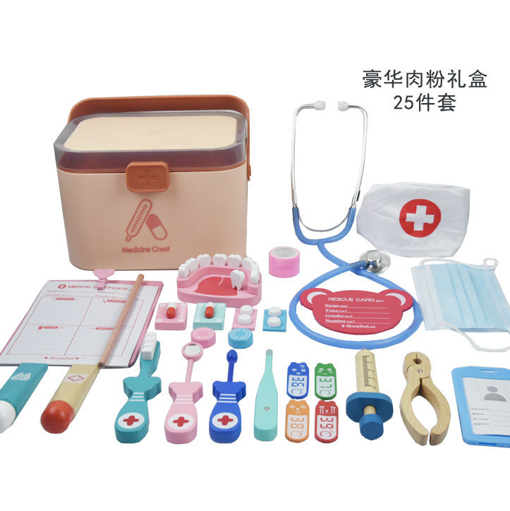 Children's doctor toy set men and women baby more home playing needle tool wooden simulation medicine box stethoscope