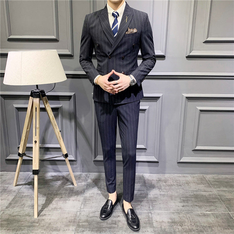 Suit set men's slim three-piece trend striped small suit fashion slim young men's dress