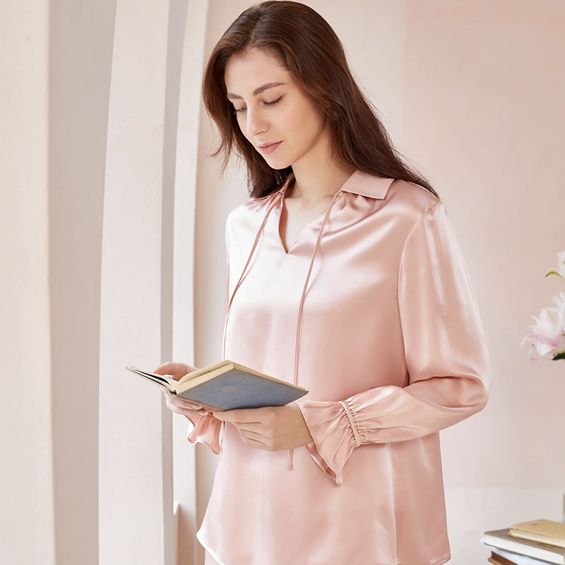 Fei Yong 2021 spring and summer long sleeve trousers silkworm two-piece set of silk pure color home service silk pajamas women
