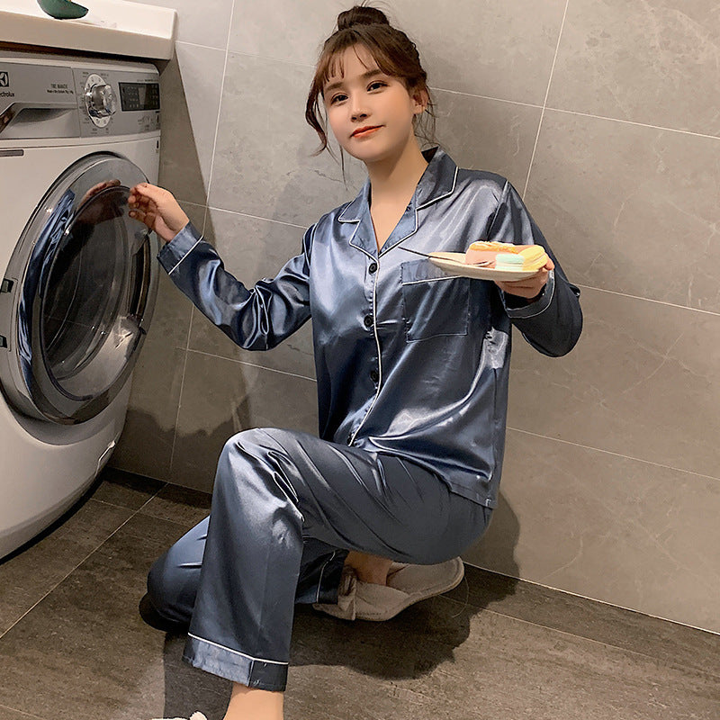 Cross-border explosion silk pajamas female spring autumn simulation silk long sleeve two-piece suit large size home service manufacturers wholesale