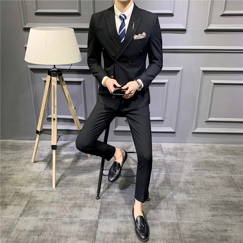 Suit set men's slim three-piece trend striped small suit fashion slim young men's dress