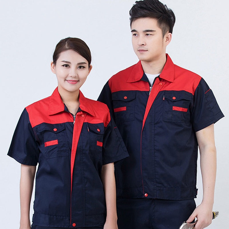 Summer short-sleeved overalls suit men's and women's auto repair clothing factory workshop reflective strip worker auto repair top labor insurance clothing