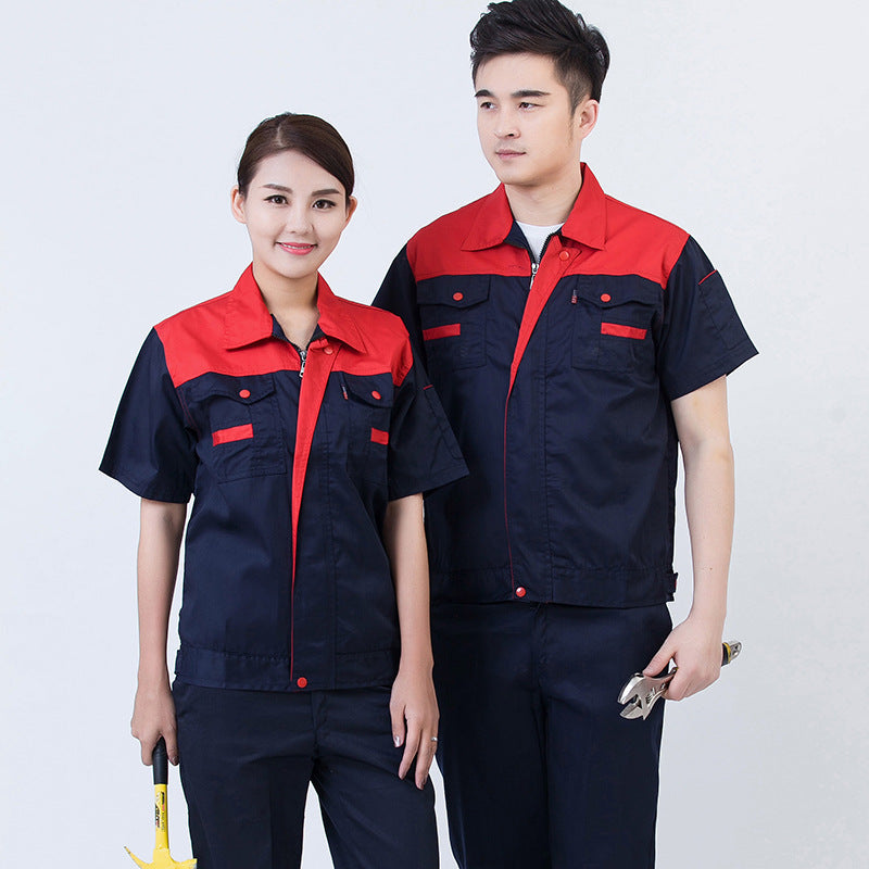 Summer short-sleeved overalls suit men's and women's auto repair clothing factory workshop reflective strip worker auto repair top labor insurance clothing
