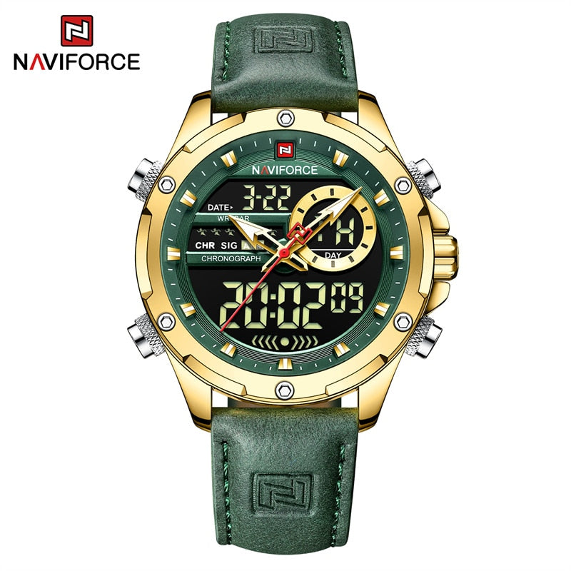 NAVIFORCE Luxury Gold Watches For Men Casual Sports Chronograph Alarm Quartz Wrist Watch Leather Waterproof Digital Clock 9163