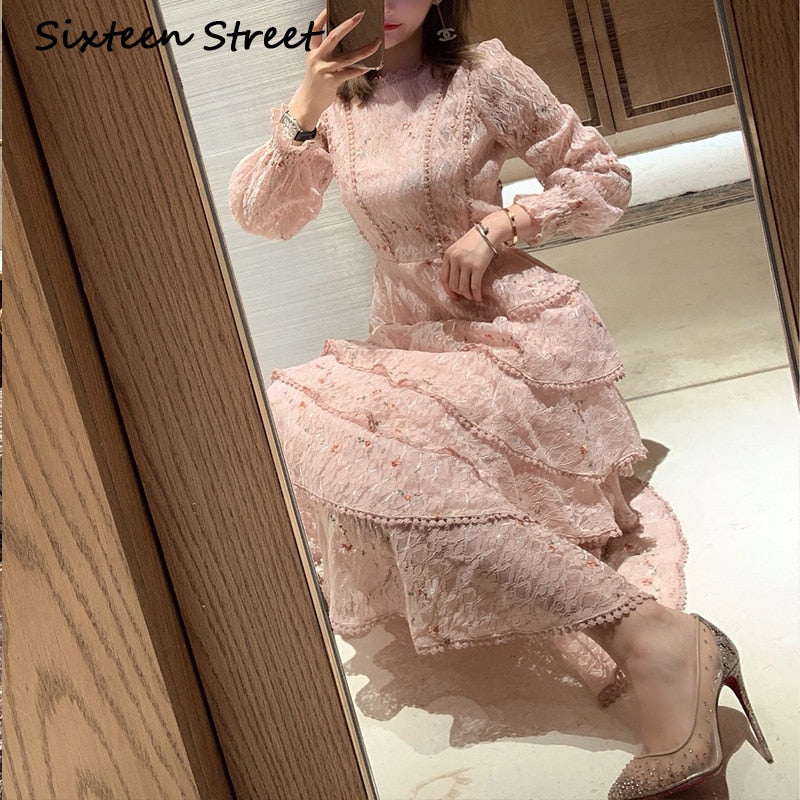 New Pink Lace Woman Dresses 2022 Autumn Long-sleeve Floral Embroidery Elegant Party Maxi Dress Woman Bud Bodycon