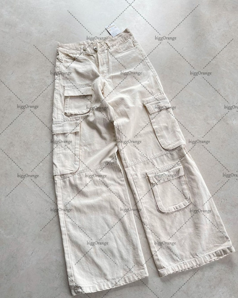 American Style High Waist Multi-pocket Washed Retro Oversized Jeans Women Y2K Street Fashion Sexy Slim Straight Wide-leg Pants