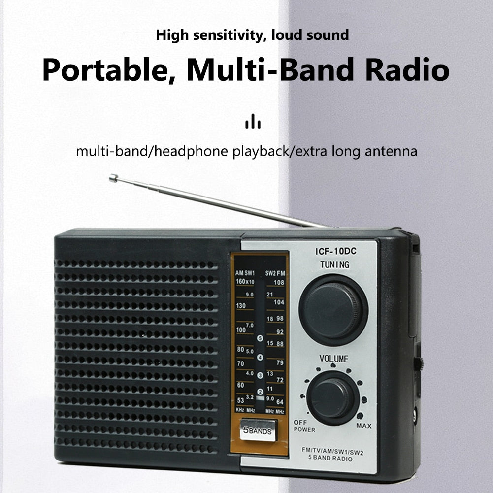Full Band AM/FM/TV/SW1/SW2 Radio Full Frequency Receiver Built in Speaker Portable Radio with 3.5MM Audio Jack Support TF Card