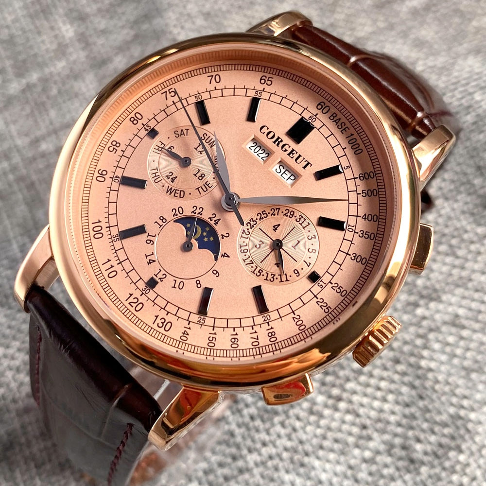 Corgeut 42mm Automatic Mens Watch Week Date Month Year Rose Gold Dial Moon Phase Multifunction 316L Leather Strap Polished