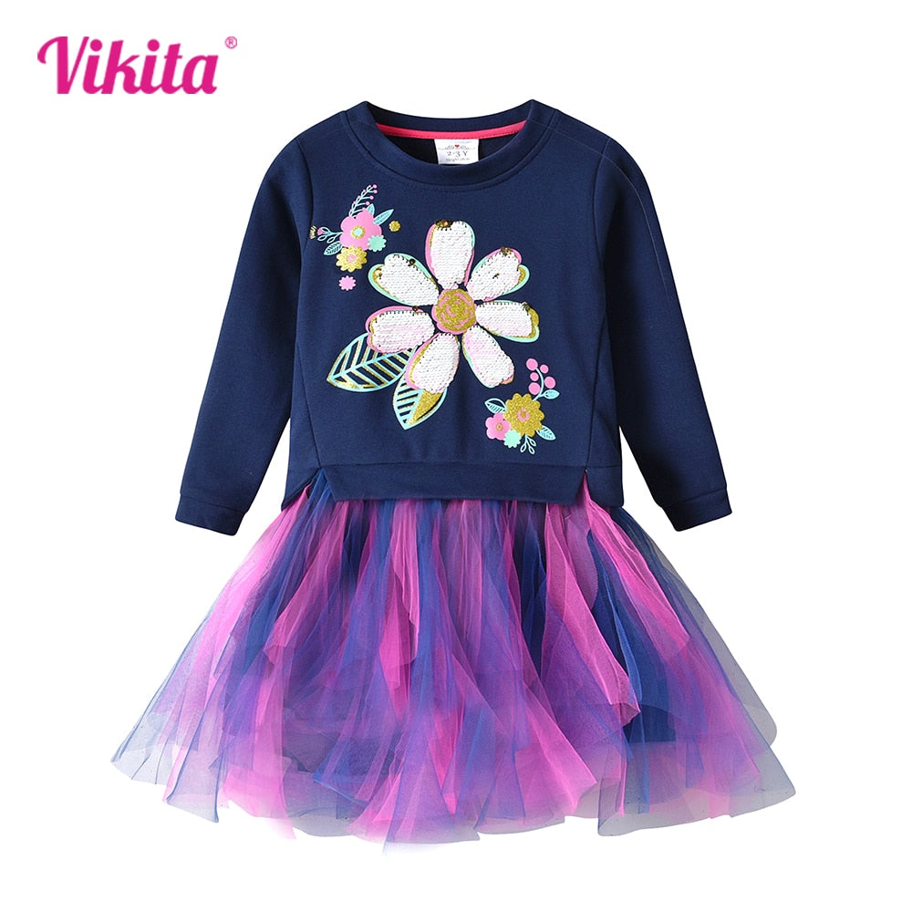 VIKITA 2022 Winter Girls Floral Dress Sequin Children Party Custome Irregular Tutu Princess Dress For Kids Cotton Girls Clothing