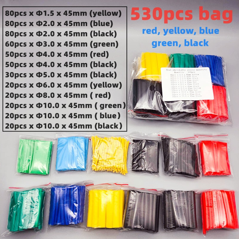 530/625 PCS,Polyolefin Shrinking Assorted Heat Shrink Tube Wire Cable Insulated Sleeving Tubing Set 2:1 Waterproof Pipe Sleeve