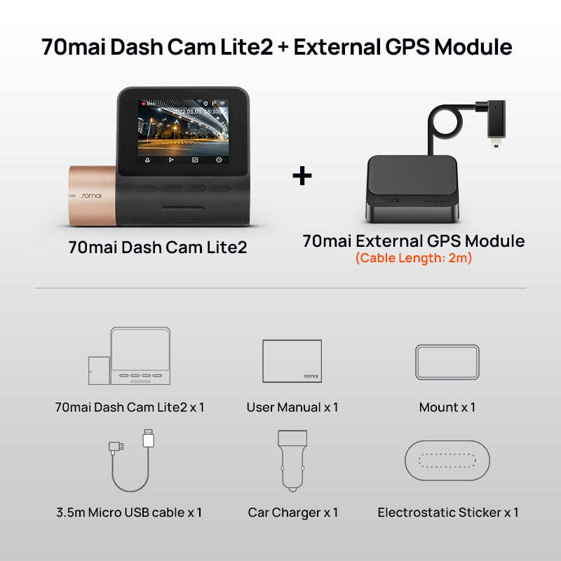2022 70mai Dash Cam Lite2 2'' LCD Screen 70mai D10 Car DVR Lite 2 1080P External GPS Auto Recorder 24h Parking Support 130° FOV