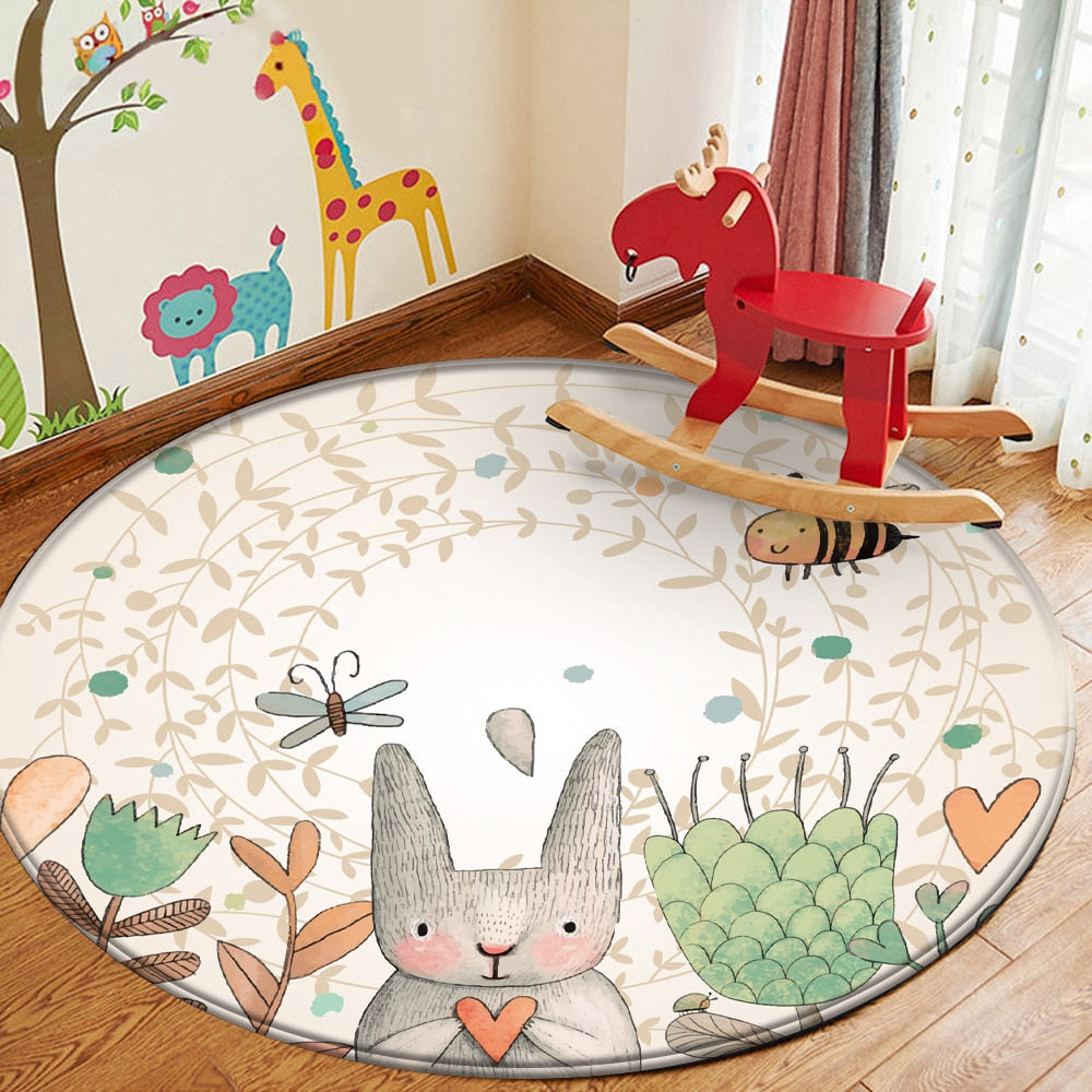 wangart Baby Play Mat Round Children Carpet Simplicity Animal Bunny Bee Pattern Children Flannel Carpet Baby Hand Print Carpet