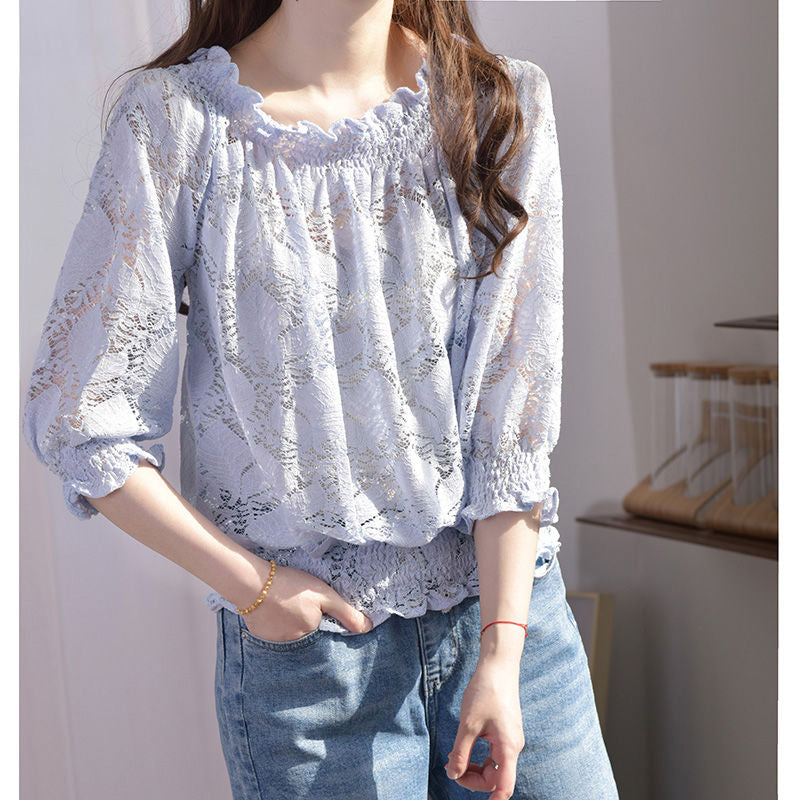 Fashion Shirring Ruffles Lace Hollow Out Blouses 2022 New Half Sleeve O-Neck Casual Pullovers Commute Women Clothing Sweet Shirt
