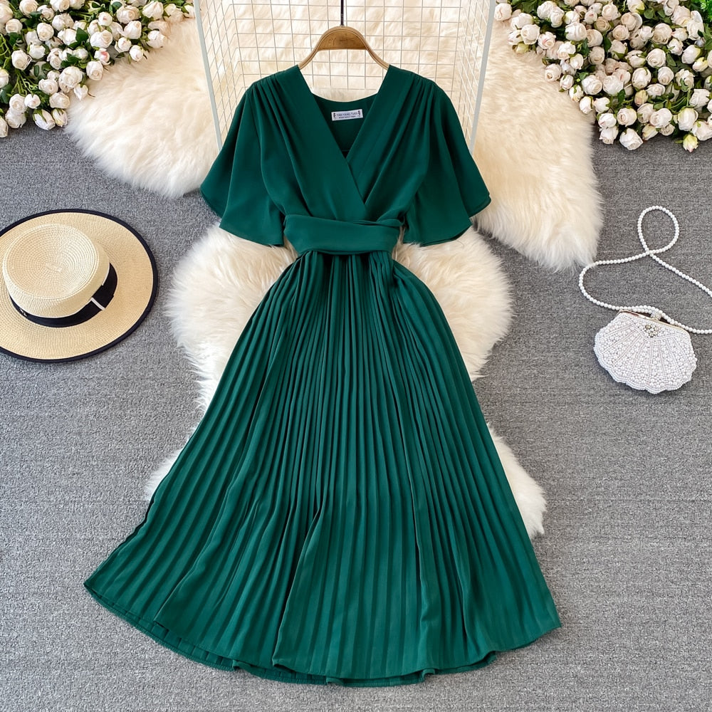 2022 Summer New V-neck Short-sleeved Dress Knee-length Slim Temperament Elegant Waist Tie Pleated Long Skirt Woman Dress