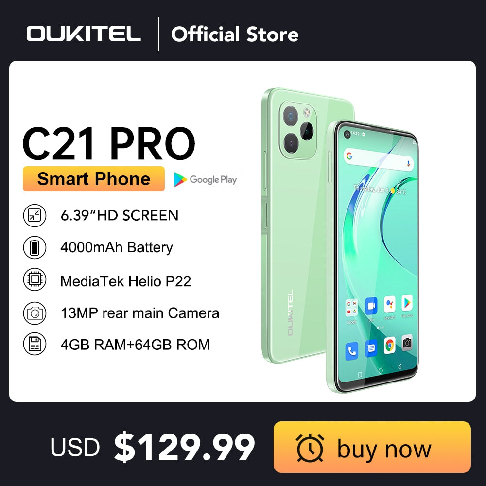 [In Stock] Oukitel C21 Pro Smartphone 4GB 64GB 6.39"HD+4000mAh Octa Core Android11 Mobile Phone MT6762D 21M/8M Camera Cell Phone
