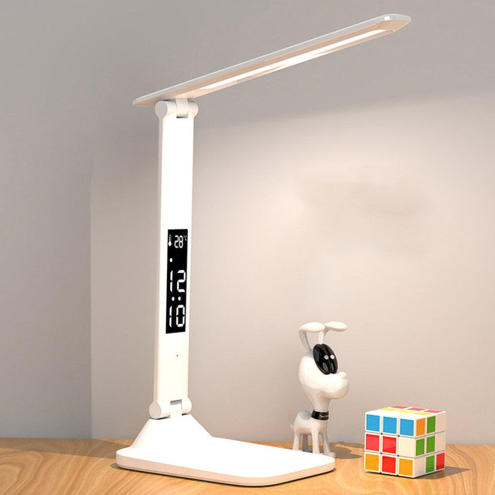 LED Desk Lamp USB Dimmable Touch Foldable Table Lamp with Calendar Temperature Clock Night Light for Study Reading Lamp