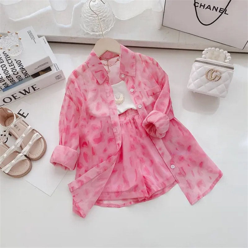 Girls Pink Leopard Print Clothes Set 2022 Summer Kids Sunscreen Long Shirt With Shorts 2 Piece Suit 2-8 Years Children Outfits