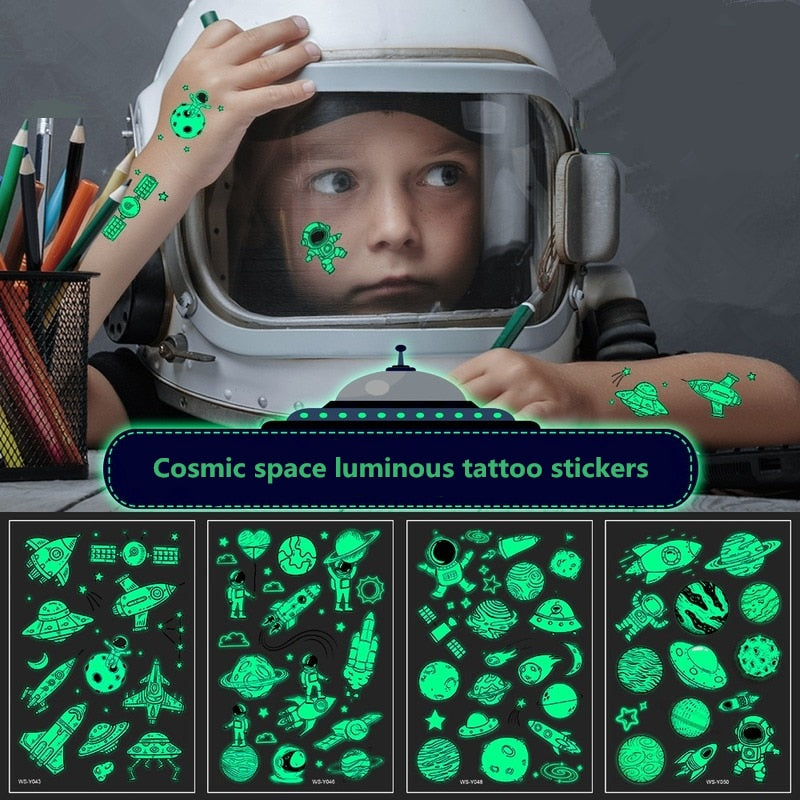 5pcs Waterproof Luminous Tattoo Stickers Children Party Universe Space Rocket UFO Interstellar Temporary Stickers Toy Gifts