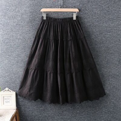 Summer Sweet Elastic Waist Embroidery   Loose   Cotton And Linen Skirt