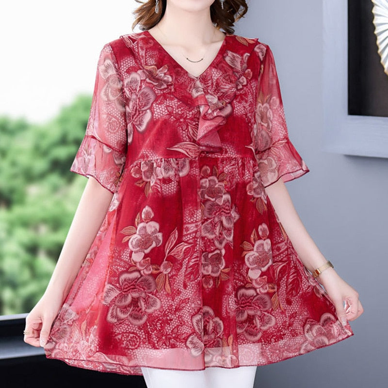 Vintage Casual Floral Printing Ruffles Gauze Shirt Summer 2022 V-Neck Short Sleeve Loose Pullover Oversized Tops Ladies Clothing