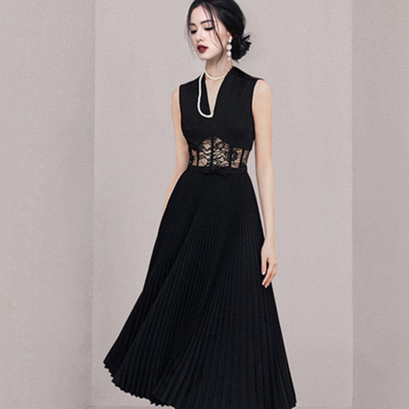 SMTHMA Runway Party Dress 2022 Summer Women Sexy V Neck Sleeveless Lace Patchwork Perspective Waist Pleated Dresses