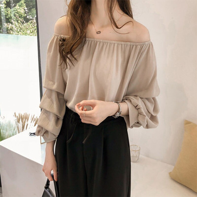 Spring Korean Fashion Pile Up Sleeves Loose Blouses Solid Color Sweet Female Elastic Round Neck Casual Shirt Women's Clothing