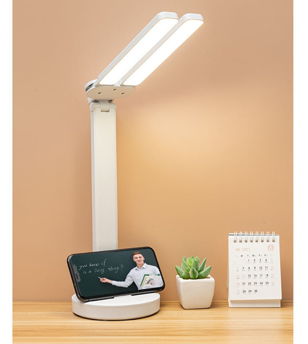LED Desk Lamp USB Dimmable Touch Foldable Table Lamp with Calendar Temperature Clock Night Light for Study Reading Lamp