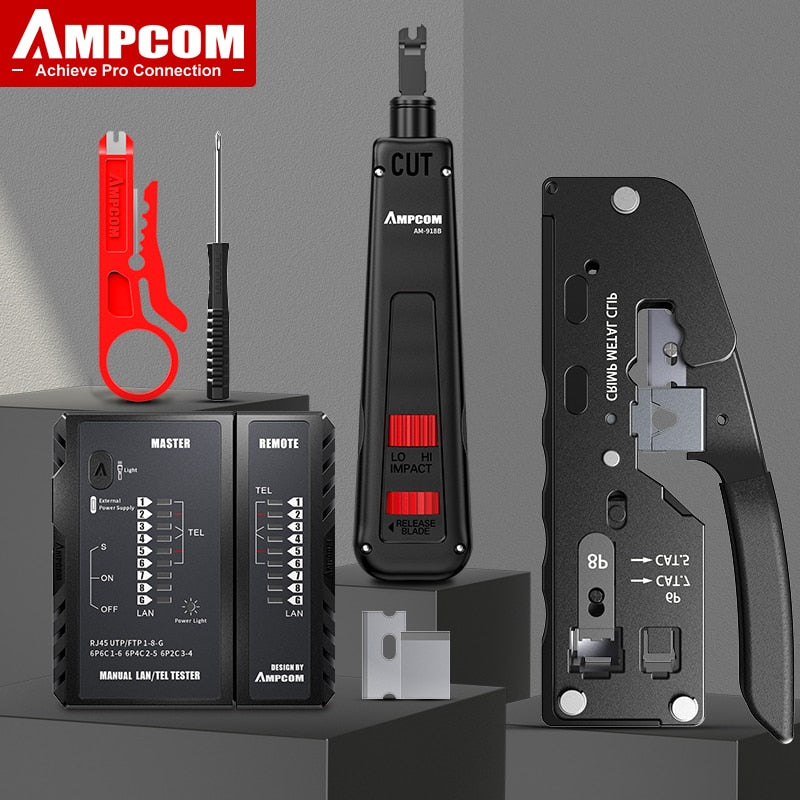 AMPCOM RJ45 Crimper Lan Tester Tool Set Ethernet Cable Stripper Punch Down Tool rj 45 rj11 Connectors 12 in 1 Cabling Repair Set