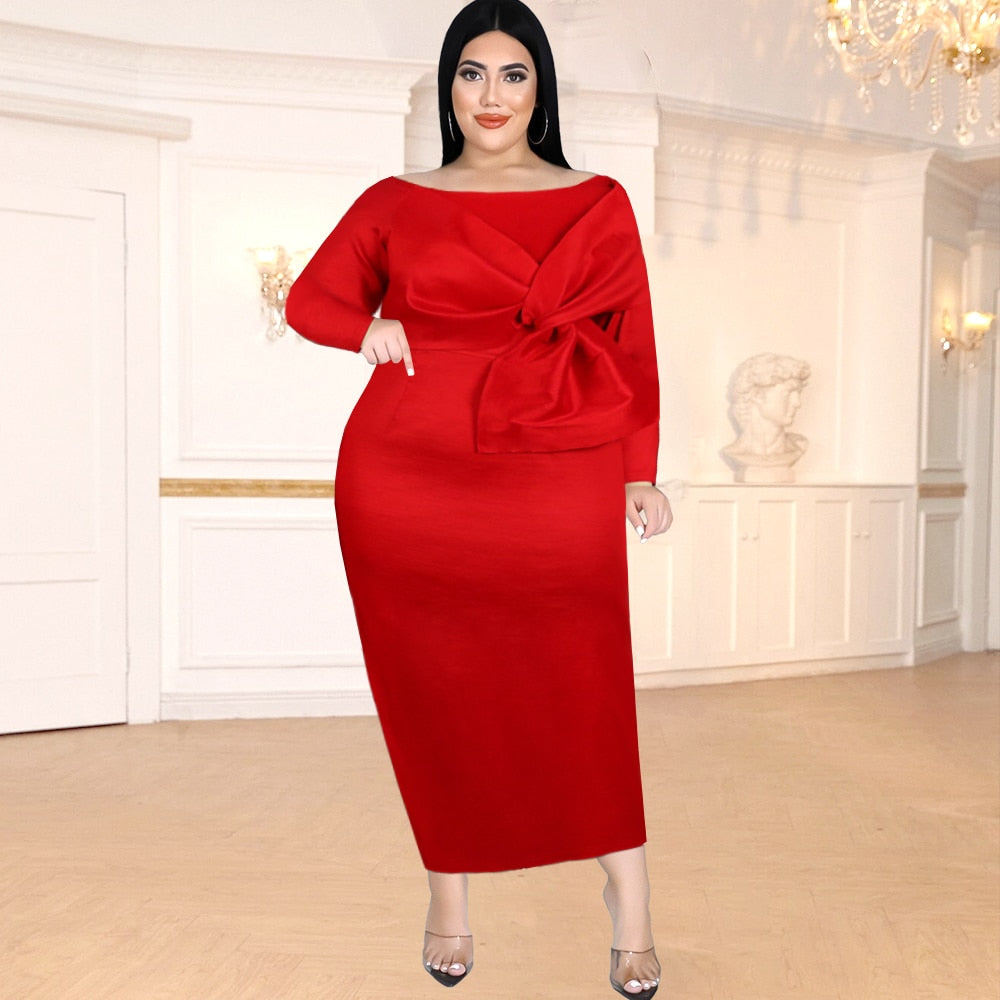 Red Plus Size Dresses Long Sleeve Women Cocktail Evening Birthday Party Gowns Bodycon Outfits 4XL for Ladies with Bowtie 4XL