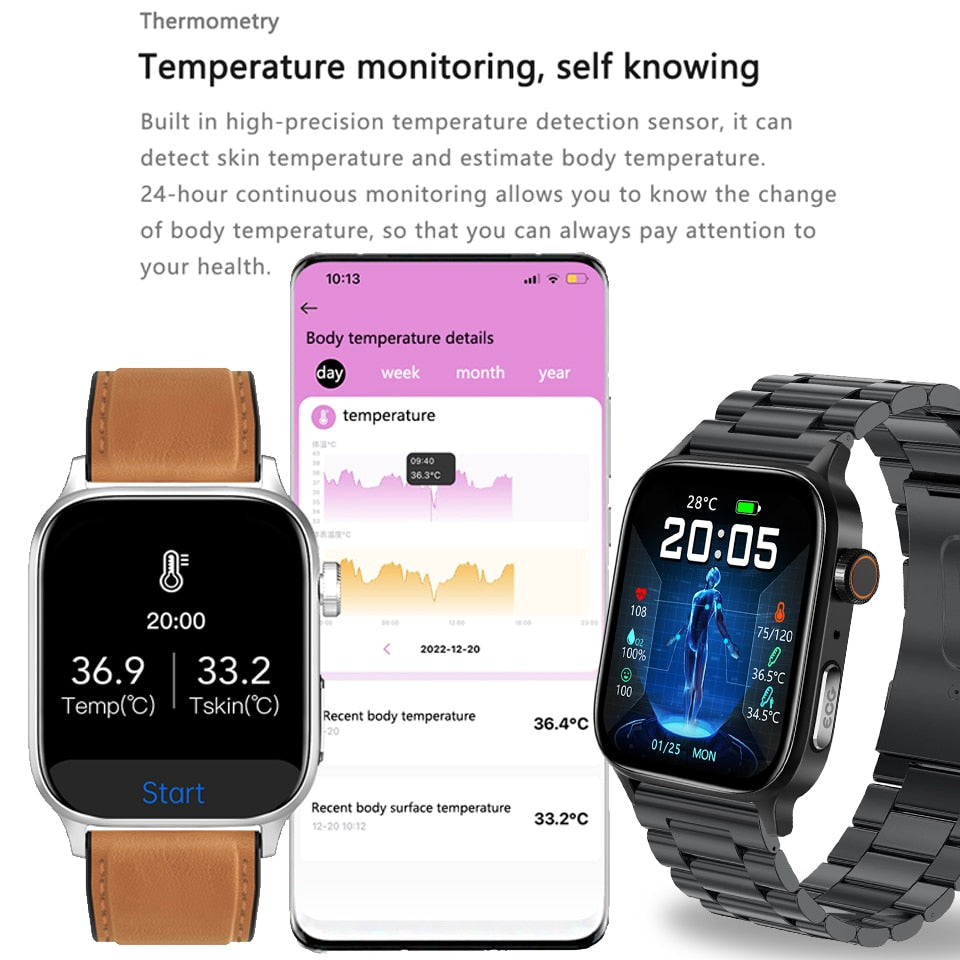 2023 New Non-invasive Blood Sugar Smart Watch Men Voice Calling Wristwatch Body Temperature Stress Test ECG+PPG NFC Smartwatch