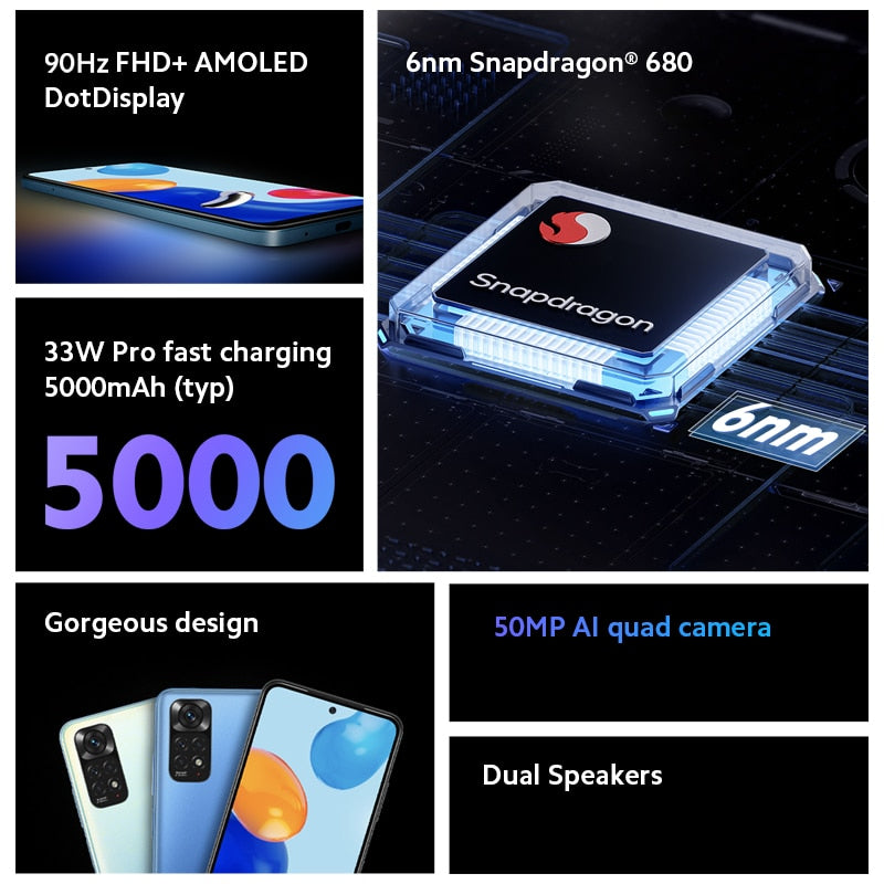 [World Premiere] Global Version Xiaomi Redmi Note 11 Smartphone Snapdragon 680 Octa Core 33W Pro Fast Charging 50MP Quad Camera