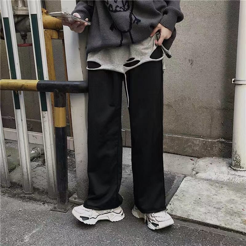 Casual Pants Men Loose Straight Ankle-length Trousers Patchwork Striped Breathable Clothing Summer Male New Korean Jogging Pants