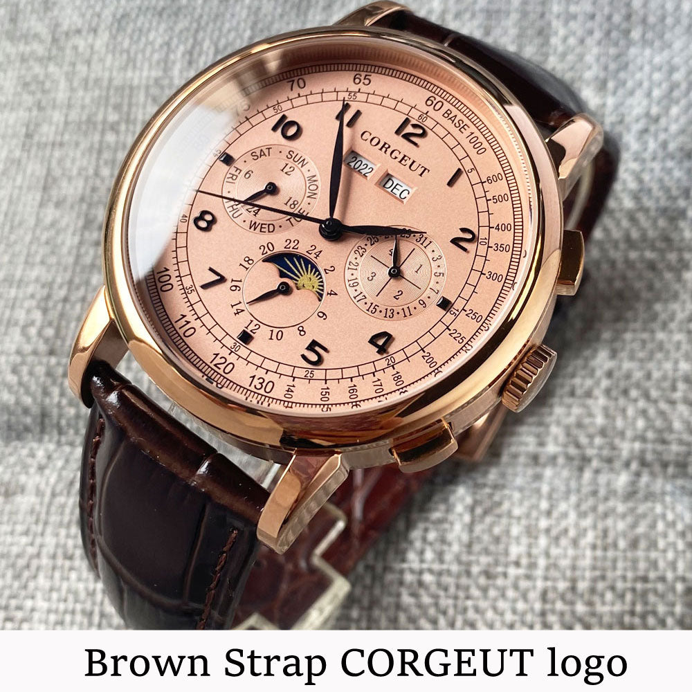 Corgeut 42mm Automatic Mens Watch Week Date Month Year Rose Gold Dial Moon Phase Multifunction 316L Leather Strap Polished