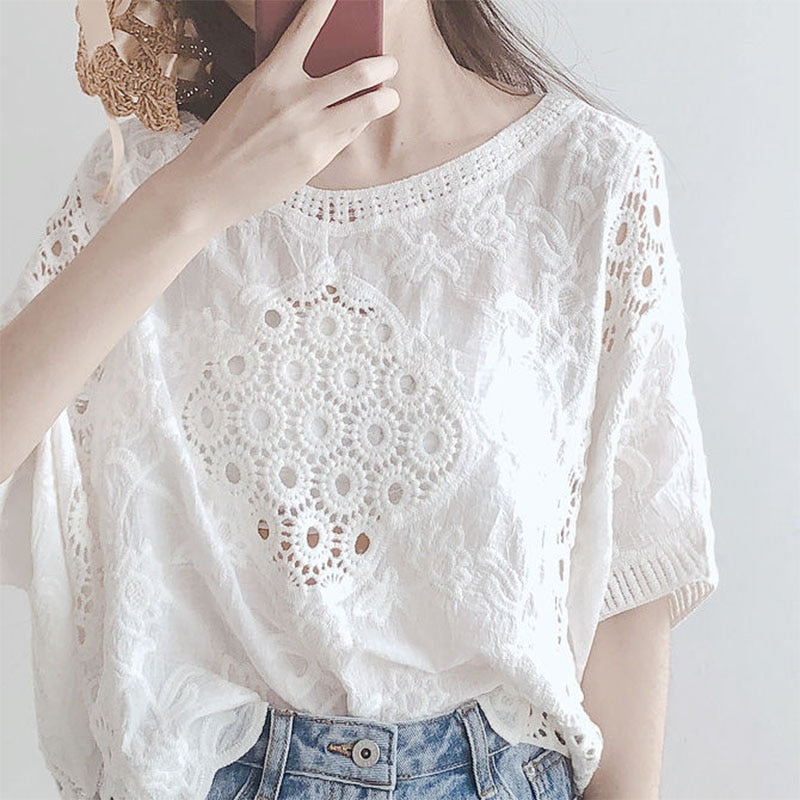 Fashion Elegant Hook Flower Hollow Solid Color Blouse Women's Clothing Summer All-match Female O-Neck Loose Embroidery Shirt