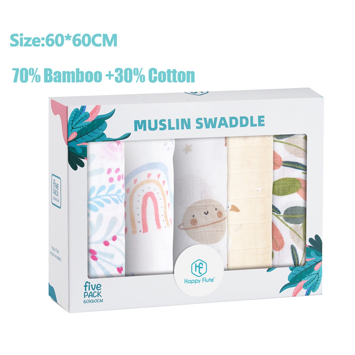 HappyFlute 5Pcs/set Muslin Swaddle Feeding Burp Cloth Newborn Soft Cotton Baby Blanket 60*60cm