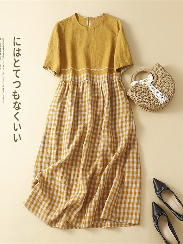 2022 New Arrival Japanese Style Patchwork Plaid Cotton Loose Cozy Mori Girl's Chic Summer Dress Fashion Women Casual Midi Dress