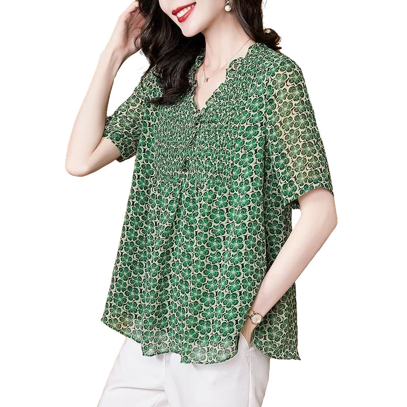 Loose Women Spring Summer Blouses Shirts Lady Fashion Casual Short Sleeve V-Neck Collar Printing Blusas Tops WY0626