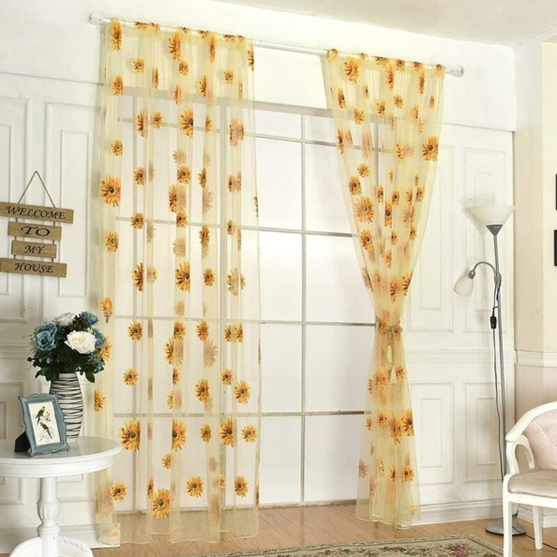Household 1PCS Sunflower Window Panels Drapes Curtains Sheer Voile Tulle Home Room 100*200cm