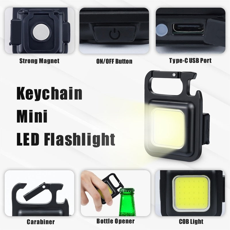 Mutifuction Portable USB Rechargeable Pocket Work Light Mini LED Keychain Light with Corkscrew Outdoor Camping Fishing Climbing