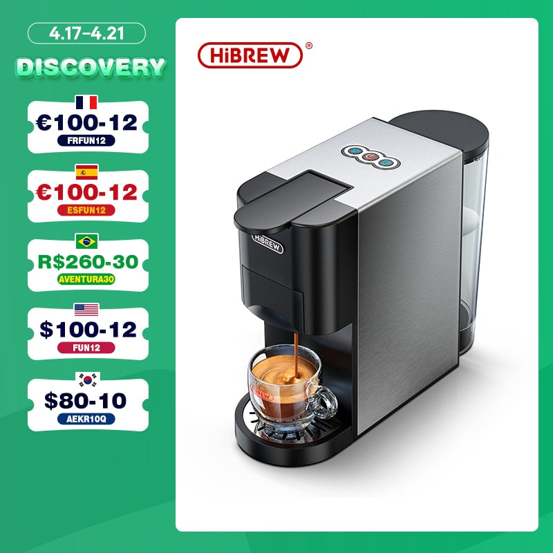 HiBREW Coffee Machine 4in1 Multiple Capsule Espresso  Dolce Milk&Nespresso&ESE Pod&Powder Coffee Maker Stainless Metal Outook H3