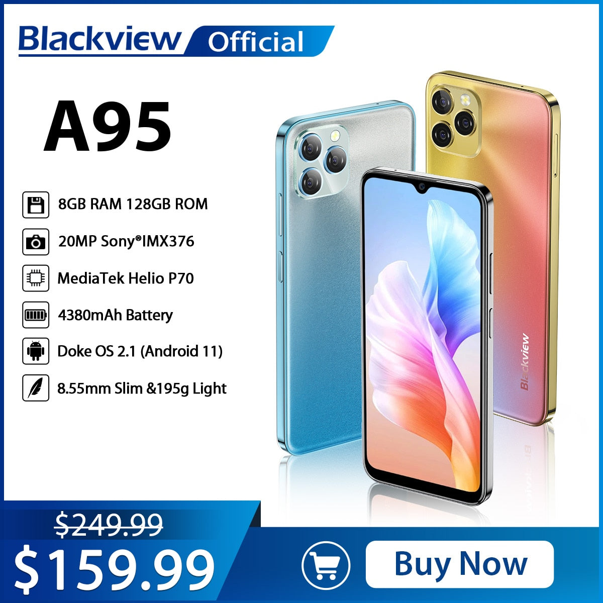 Blackview A95 Smartphone Helio P70 Octa Core Android 11 Mobile Phone 8GB+128GB 6.528" HD+ Display 20MP Camera 4380mAh  Cellphone